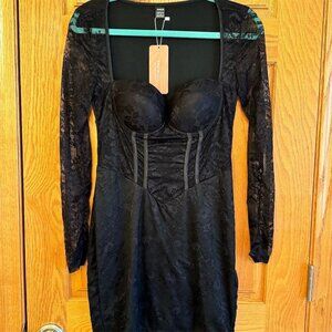 SHEIN Women's Black Lace Long Sleeve Knee Length Dress Size M NWT